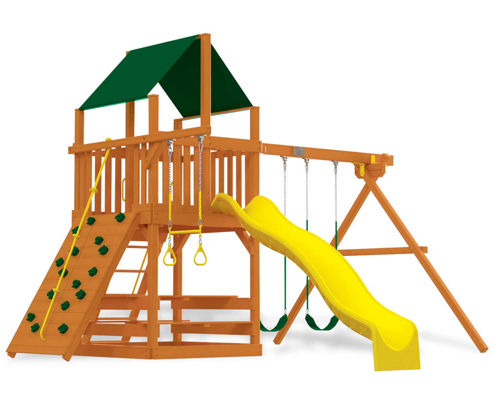 Children's wooden playset with a yellow slide, green roof, and climbing elements