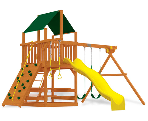Children's wooden playset with a yellow slide, green roof, and climbing elements