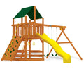 Children's wooden playset with a yellow slide, green roof, and climbing elements