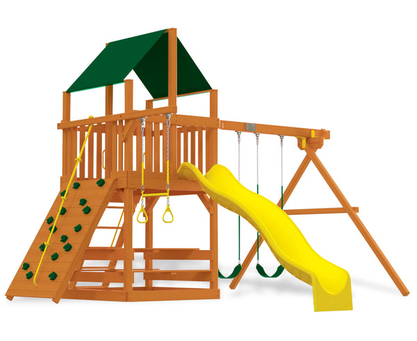 Children's wooden playset with a yellow slide, green roof, and climbing elements